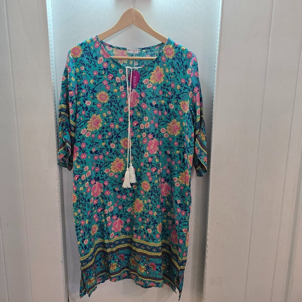 NWT Halife Floral Boho Tunic Dress Size M Turquoise Pink Tassel Tie Coverup